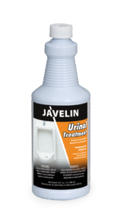 Javelin Urinal Treatment 16 oz bottle—commercial-grade chemical solution designed to dissolve uric salt buildup and restore flow in clogged urinals