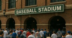 Pictograph of 40,000 fans leading to high restroom demand at baseball games.