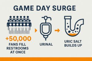 Game day surge infographic showing crowds, urinals, and uric salt buildup in pipes