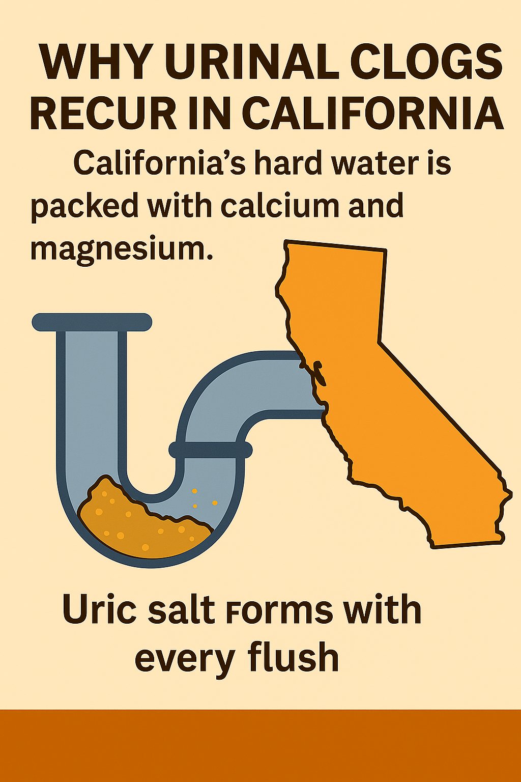 Infographic showing a map of California highlighting hard water zones and urinal buildup problems caused by minerals, saltwater, and high-traffic restrooms.