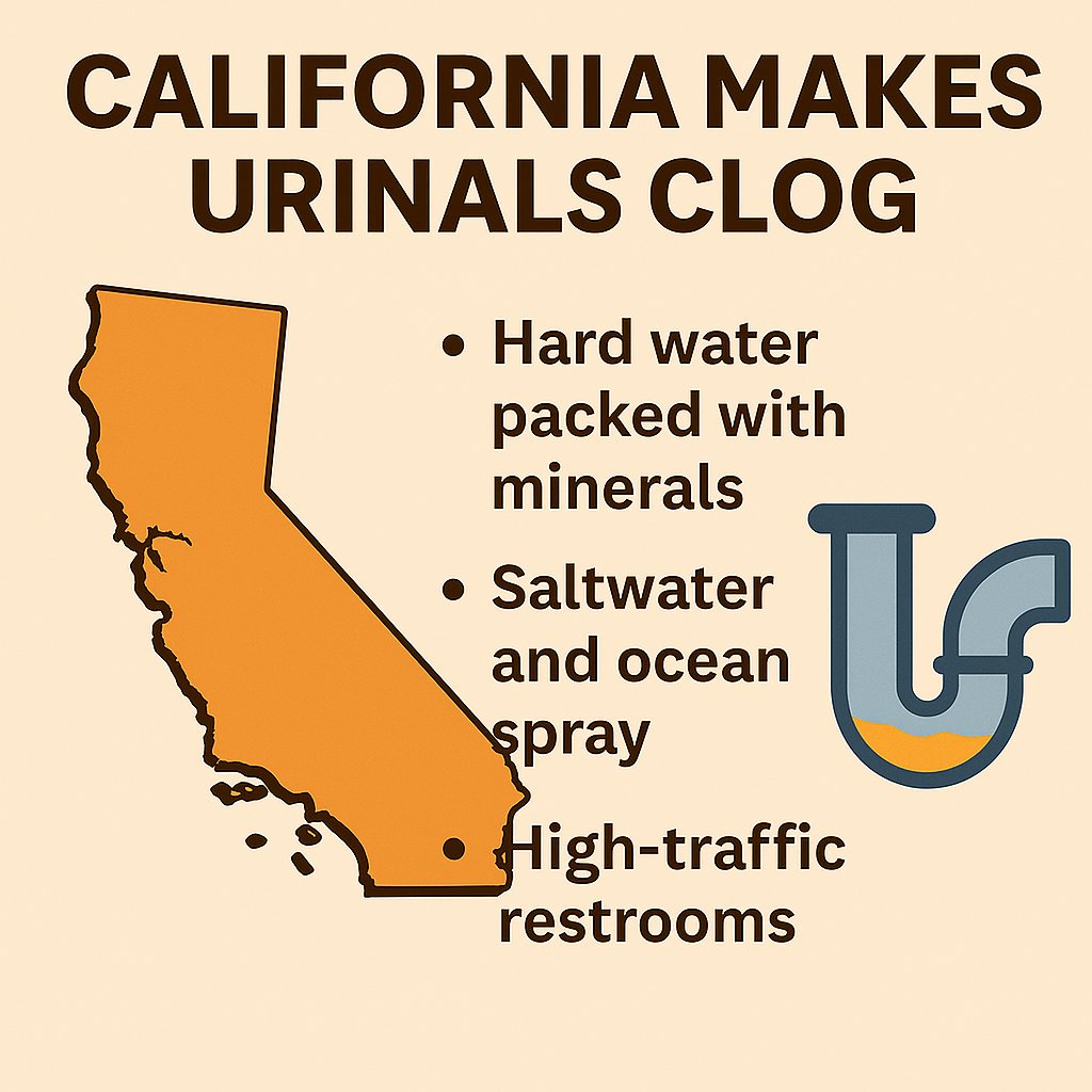 Infographic explaining why California’s hard water and ocean air cause urinal clogs in hotels, schools, restaurants, manufacturing plants, gyms, and government facilities.