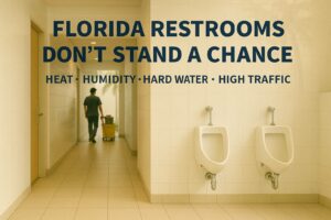 Hotel restroom corridor in Florida with janitor cart showing restroom maintenance in humid conditions | Javelin Urinal Treatment