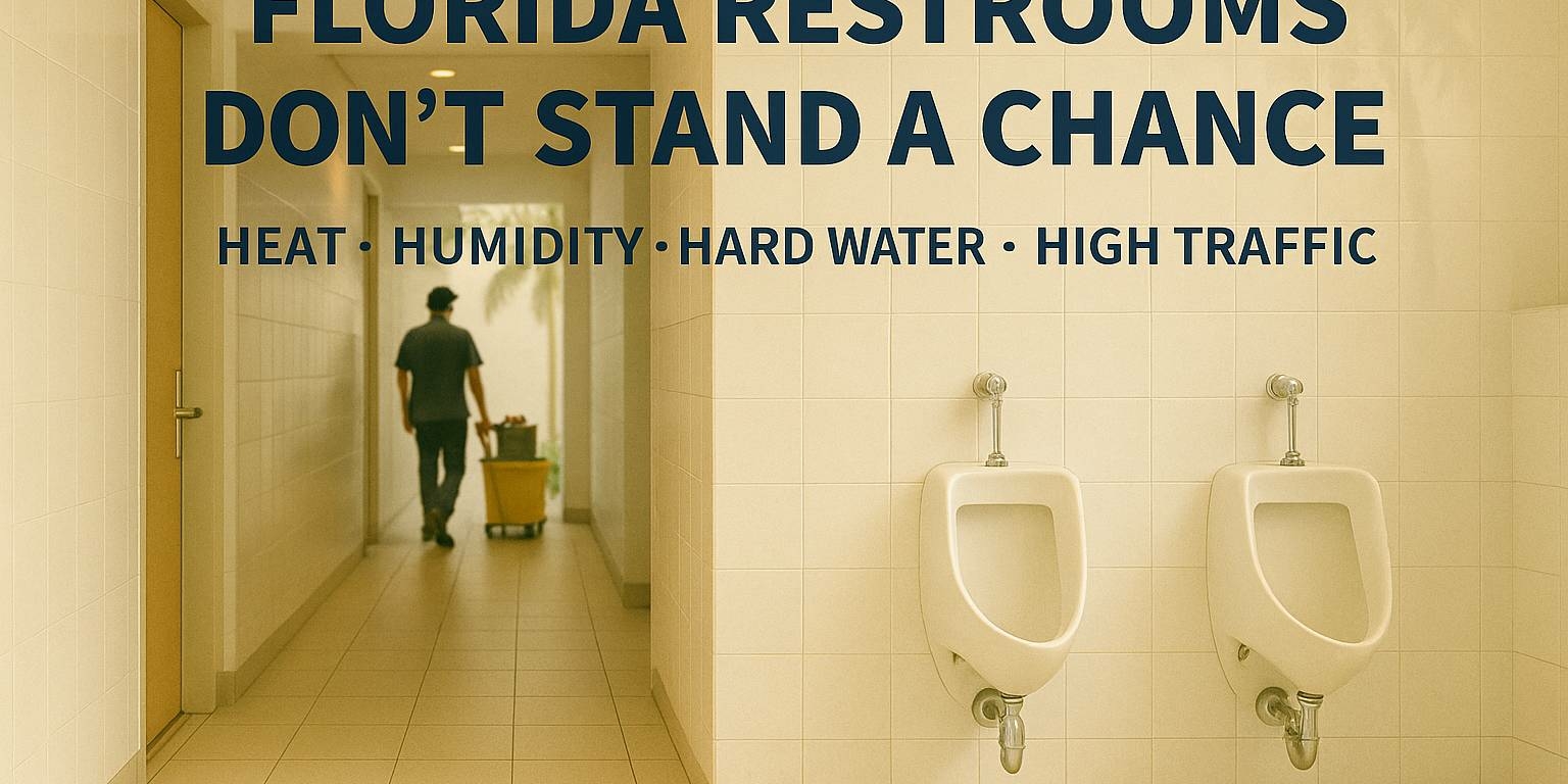 Hotel restroom corridor in Florida with janitor cart showing maintenance in humid conditions