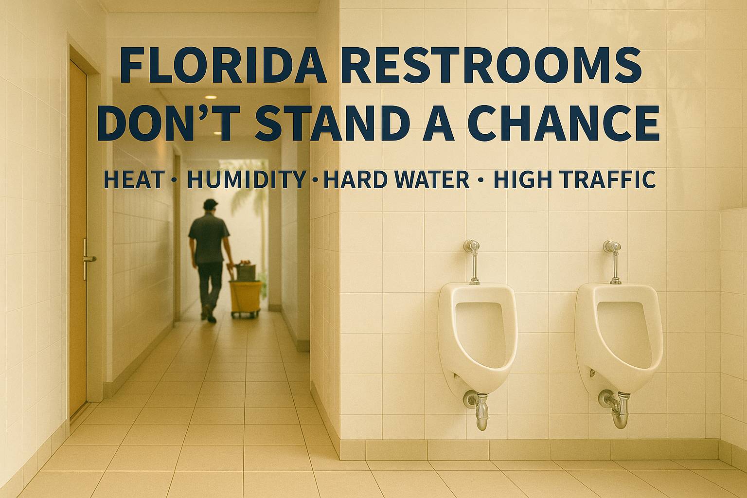 Hotel restroom corridor in Florida with janitor cart showing maintenance in humid conditions