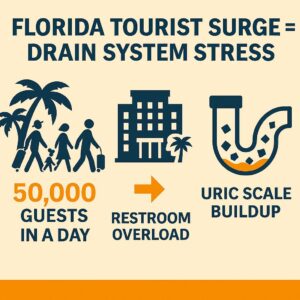 Infographic showing how Florida’s tourist surge leads to restroom overload and uric scale buildup | Javelin Urinal Treatment
