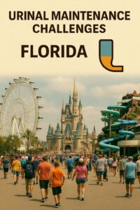 Crowds walking through a Florida theme park with water rides, showing restroom maintenance challenges | Javelin Urinal Treatment