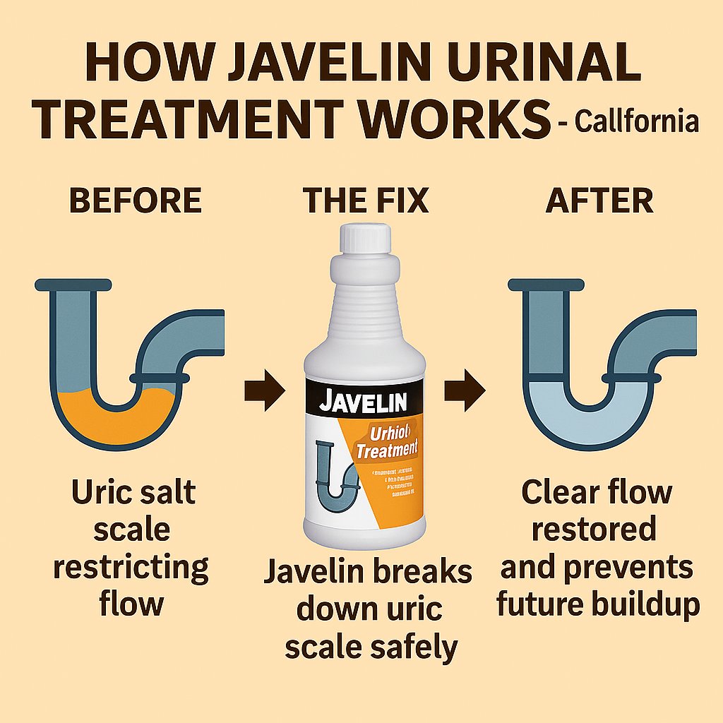 Three-step infographic showing how Javelin Urinal Treatment dissolves uric scale in California restrooms — before, during, and after using the product in a P-trap drain.