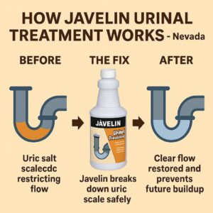 Three-panel Nevada infographic: P-trap before (uric salt), the fix (treatment dissolving deposits), after (clear flow)