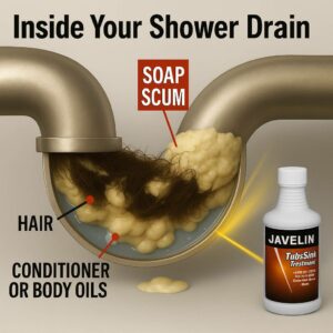 Cross-section of a shower drain pipe showing hair, soap scum, and body oils clogging the trap, with Javelin Tub & Sink Treatment as the solution.
