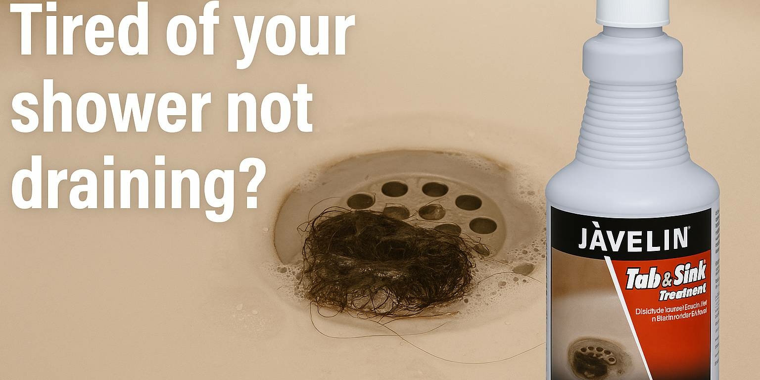 Javelin Tub & Sink Treatment bottle next to a clogged shower drain with hair, showing how it clears slow-draining showers effectively
