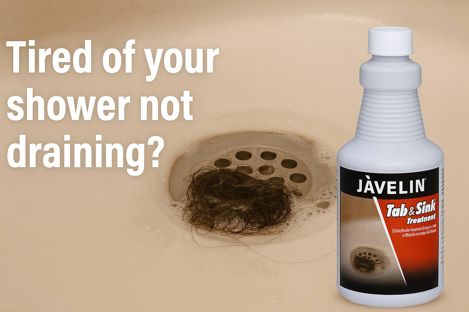 Javelin Tub & Sink Treatment bottle next to a clogged shower drain with hair, showing how it clears slow-draining showers effectively