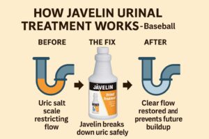 Before-and-after P-trap diagram with Javelin Urinal Treatment clearing uric scale for baseball stadiums