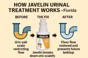 Before-and-after infographic showing how Javelin Urinal Treatment clears uric scale buildup in Florida drains | Javelin Urinal Treatment