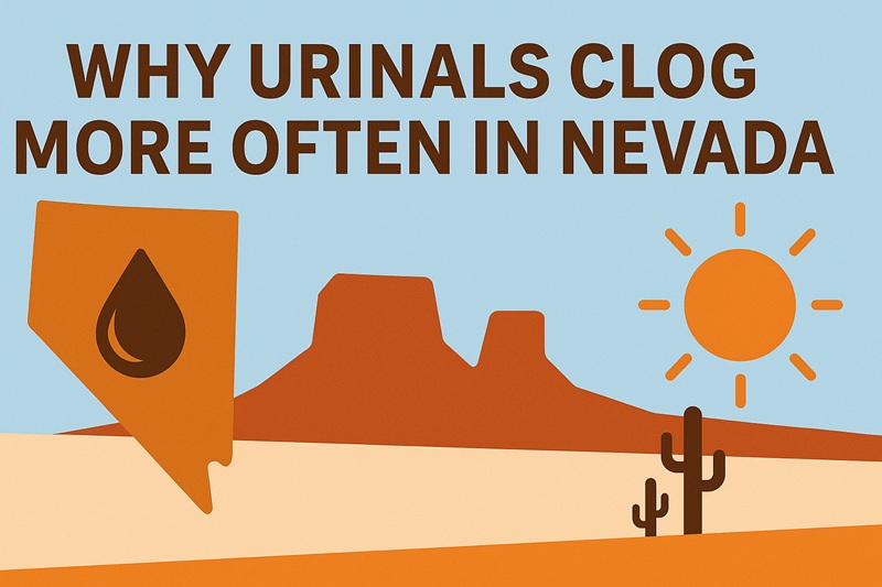 Infographic showing how Nevada’s hard water and desert climate accelerate uric salt buildup inside urinal pipes.
