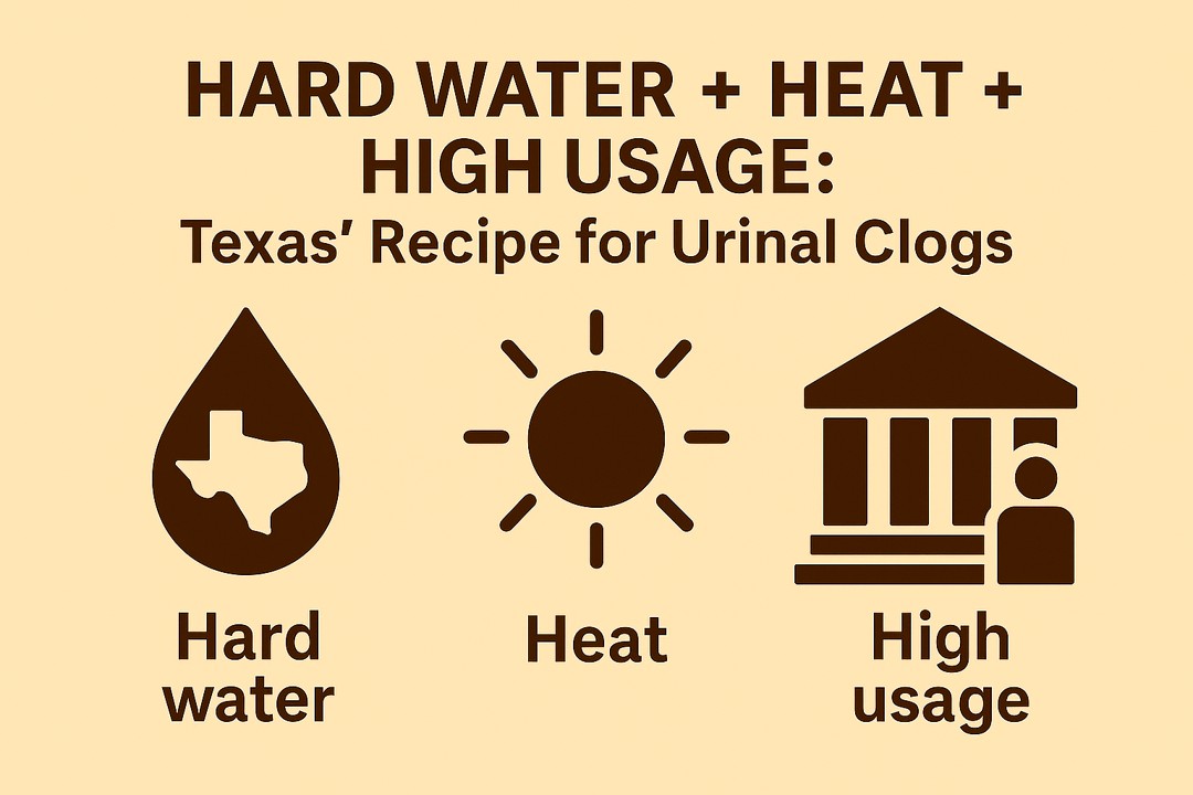 Infographic map of Texas showing regions with moderately hard, hard, and very hard water. Major cities like Dallas, Austin, San Antonio, Houston, and El Paso are labeled with caption Hard Water plus Uric Salts equals Faster Clogs.