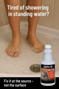 Feet standing in cloudy shower water due to a clogged drain, with a Javelin Tub & Sink Treatment bottle offering the solution. 