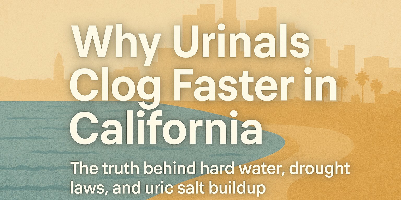 Hero image showing California coastline and city skyline with text ‘Why Urinals Clog Faster in California,’ representing issues caused by hard water, drought laws, and uric salt buildup