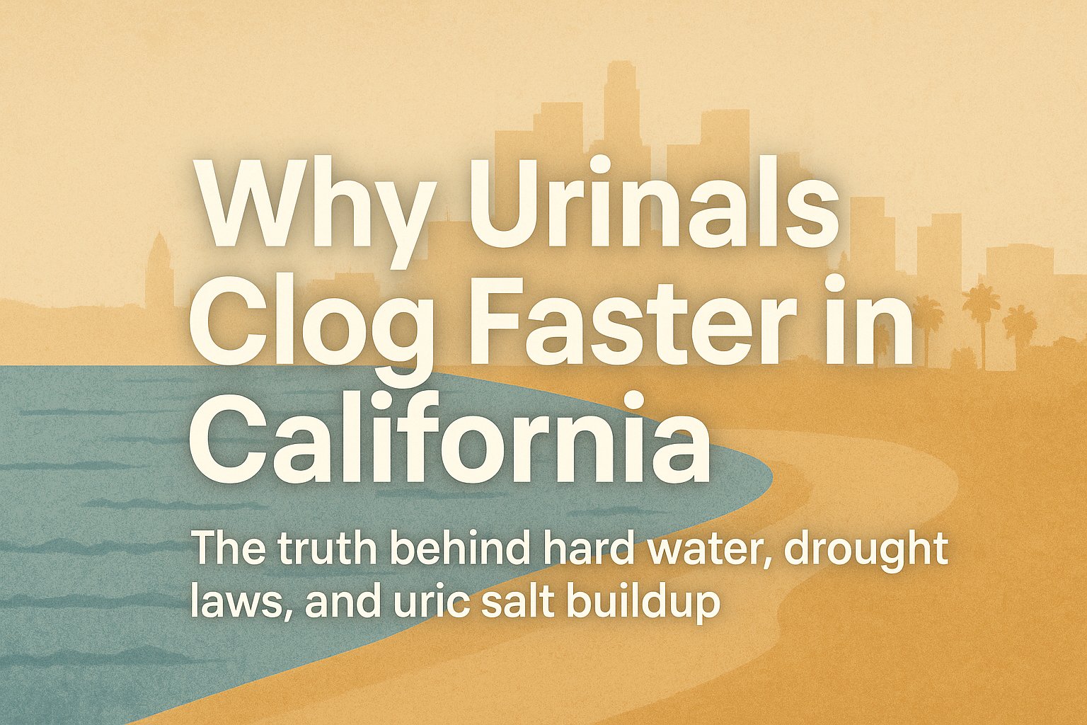 Hero image showing California coastline and city skyline with text ‘Why Urinals Clog Faster in California,’ representing issues caused by hard water, drought laws, and uric salt buildup