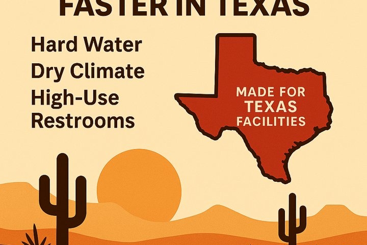 Hero image illustrating why urinals clog faster in Texas due to hard water, heat, and high restroom use across cities like Dallas, Austin, San Antonio, Houston, and El Paso