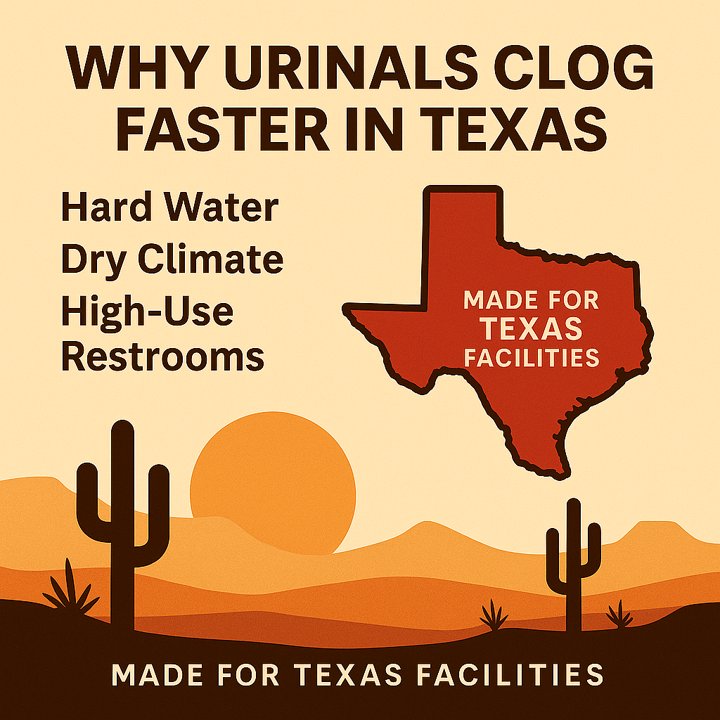 Hero image illustrating why urinals clog faster in Texas due to hard water, heat, and high restroom use across cities like Dallas, Austin, San Antonio, Houston, and El Paso
